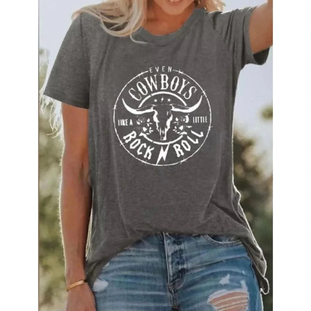 Cowboys Like a Little Rock N‎ Roll Graphic T-Shirt Western Tee Large